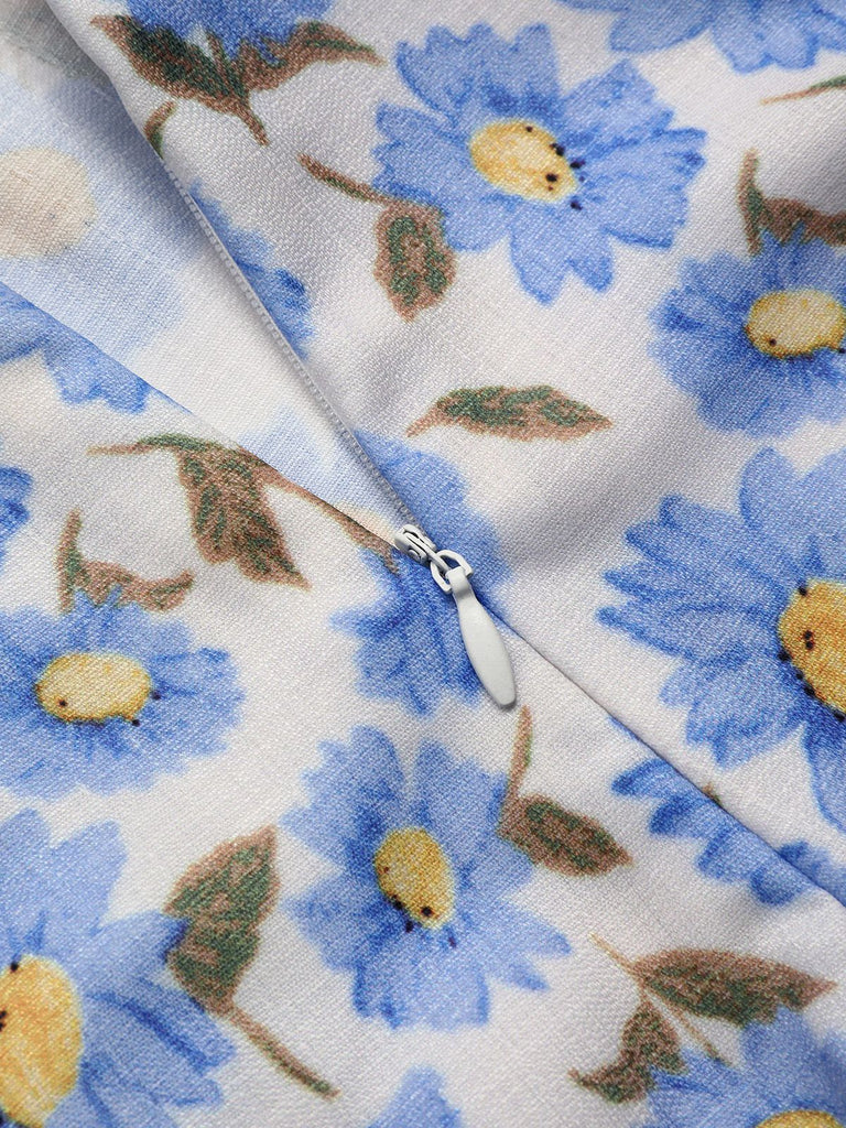 Blau 1960er Blumen Revers Gürtel Wickel Romper