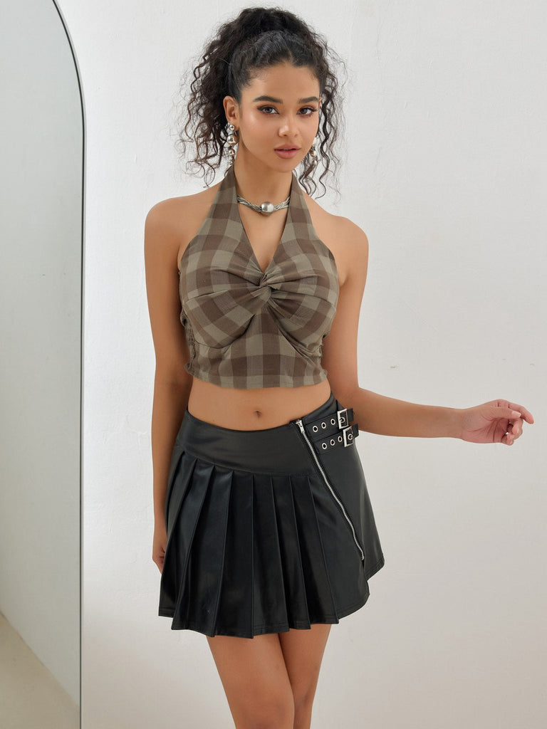 Braun 1930er Halter Gingham Plaid Gesmokt Crop Top