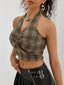 Braun 1930er Halter Gingham Plaid Gesmokt Crop Top
