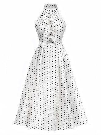 Weiß 1950er Halter Polka Dots Bogen Kleid