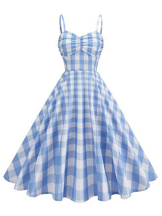 1950er Gerüschtes Spaghetti Träger Gingham Plaid Kleid