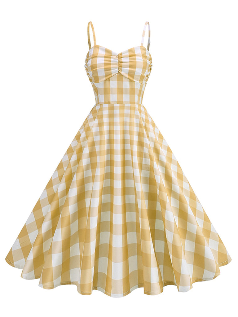 1950er Gerüschtes Spaghetti Träger Gingham Plaid Kleid