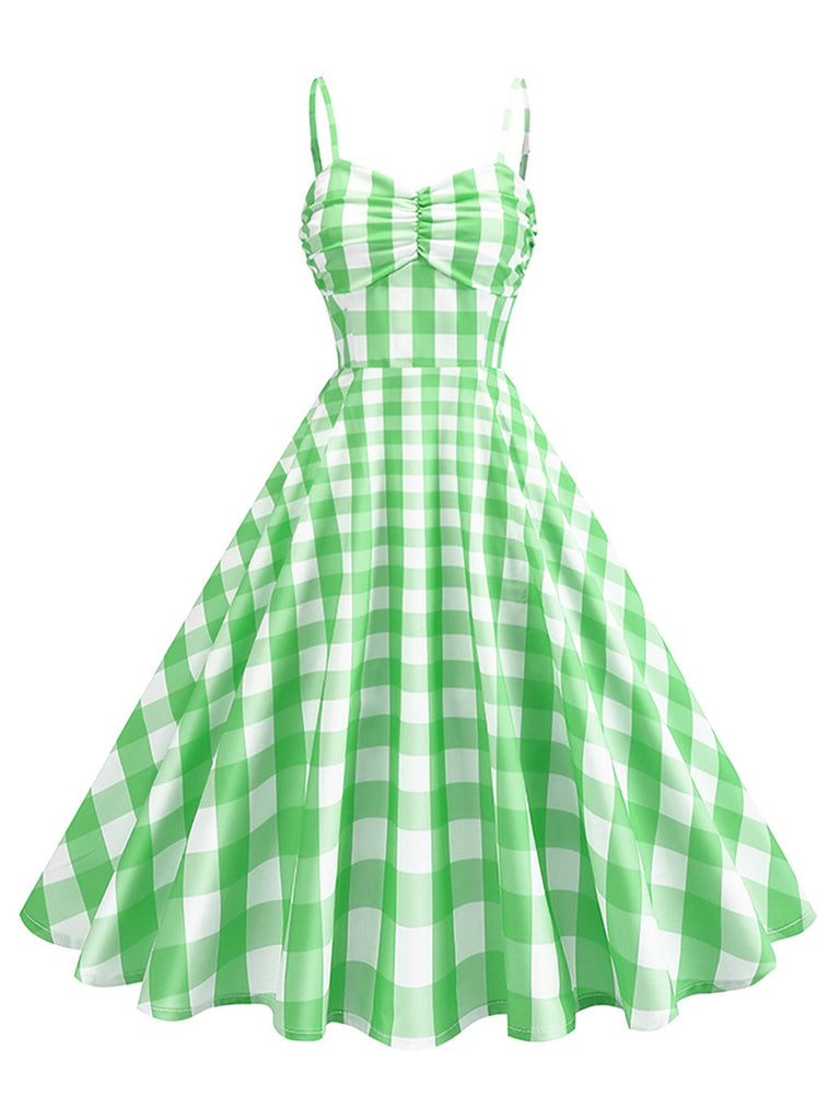 1950er Gerüschtes Spaghetti Träger Gingham Plaid Kleid