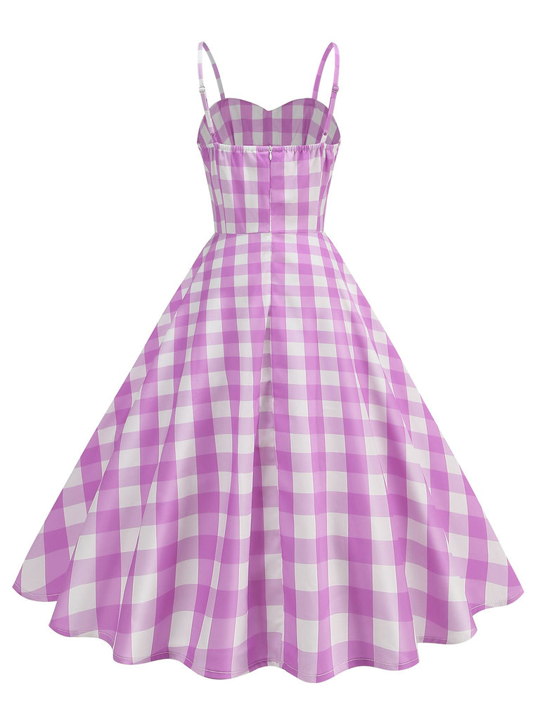 1950er Gerüschtes Spaghetti Träger Gingham Plaid Kleid