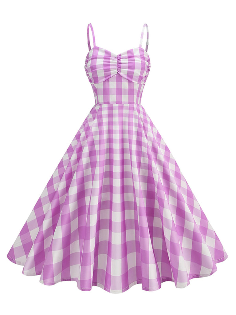 1950er Gerüschtes Spaghetti Träger Gingham Plaid Kleid