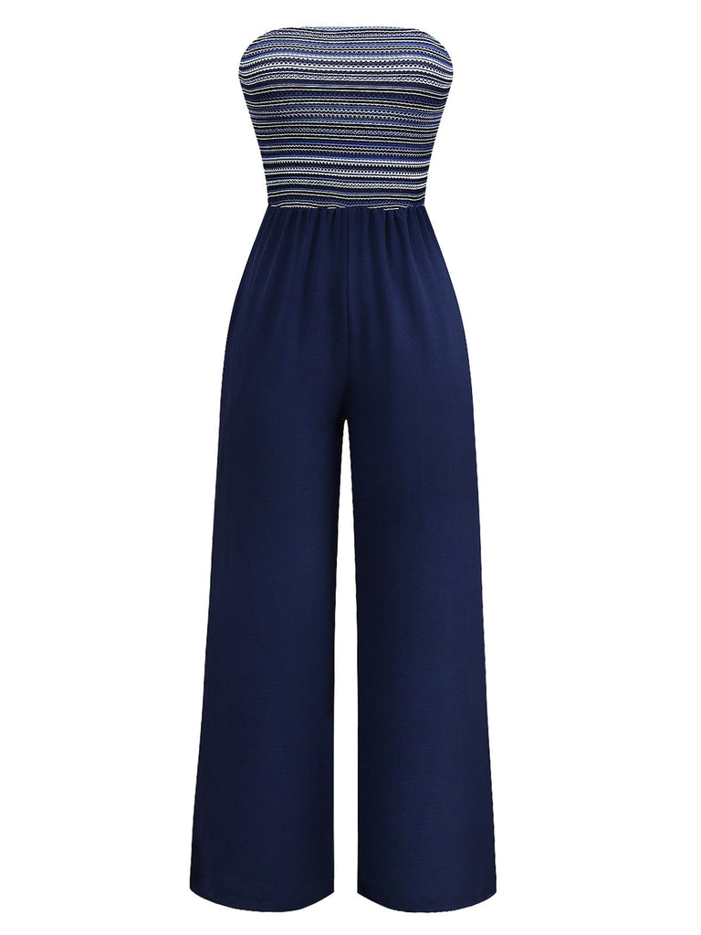 Tiefblau 1950er Streifen Bandeau Jumpsuit