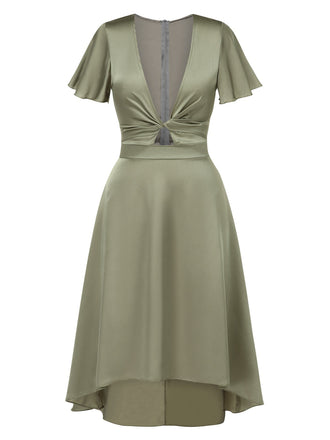1940er Solide Tief V-Ausschnitt Twisted Satin Kleid