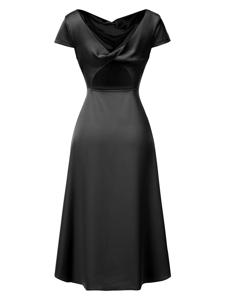 1940er Solide Wasserfallausschnitt Satin Zurück-Hohl Kleid