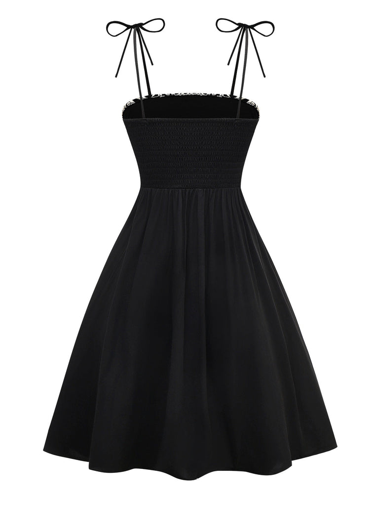 Schwarz 1950er Blumen Texturiert Spaghetti Träger Kleid