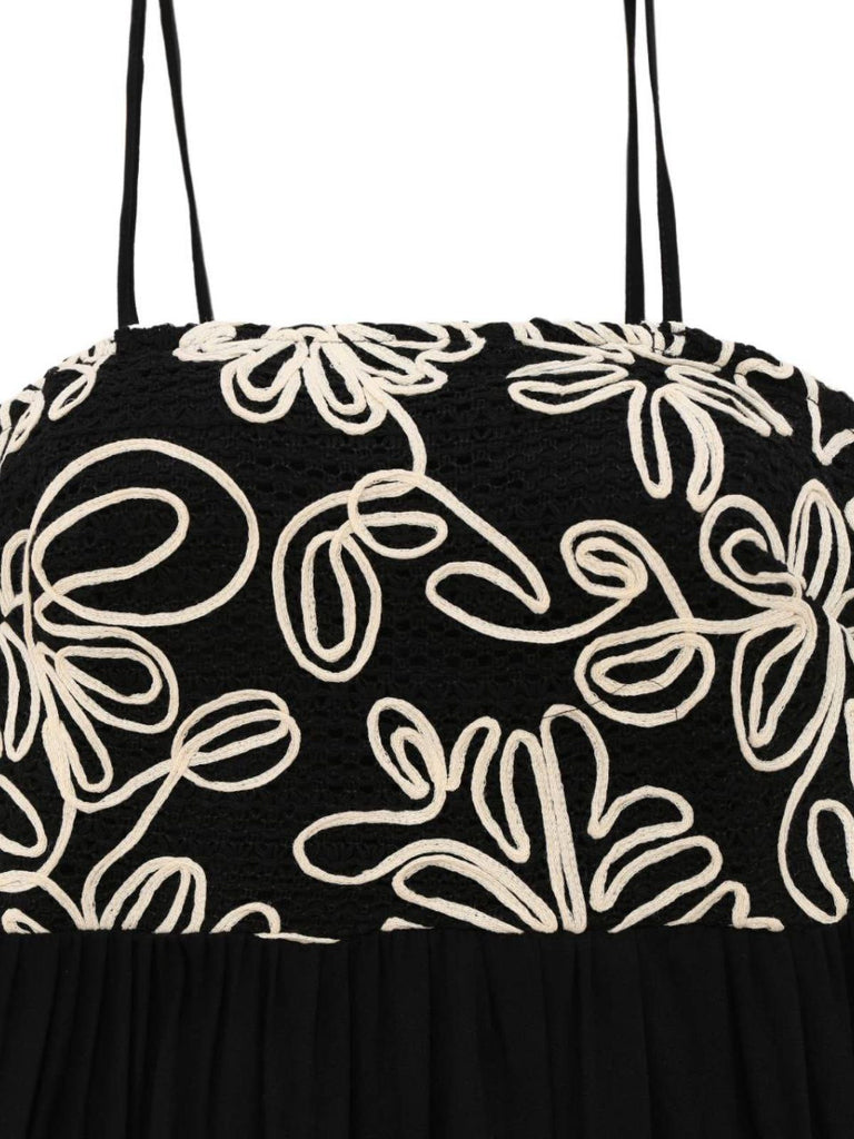 Schwarz 1950er Blumen Texturiert Spaghetti Träger Kleid