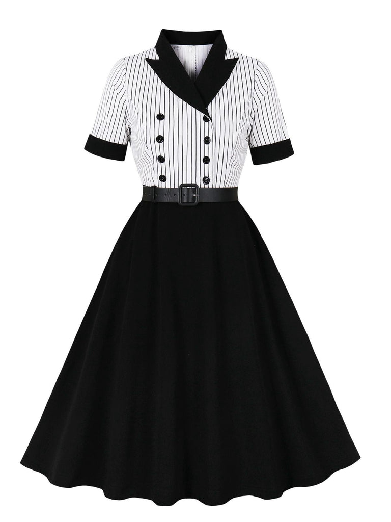 Schwarz 1950er Vertikal Streifen Patchwork Revers Kleid