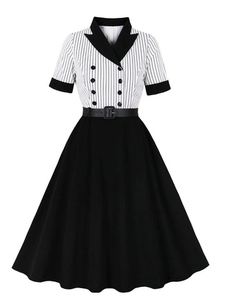 Schwarz 1950er Vertikal Streifen Patchwork Revers Kleid