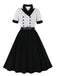 Schwarz 1950er Vertikal Streifen Patchwork Revers Kleid