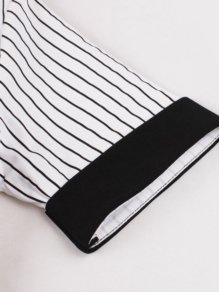 Schwarz 1950er Vertikal Streifen Patchwork Revers Kleid