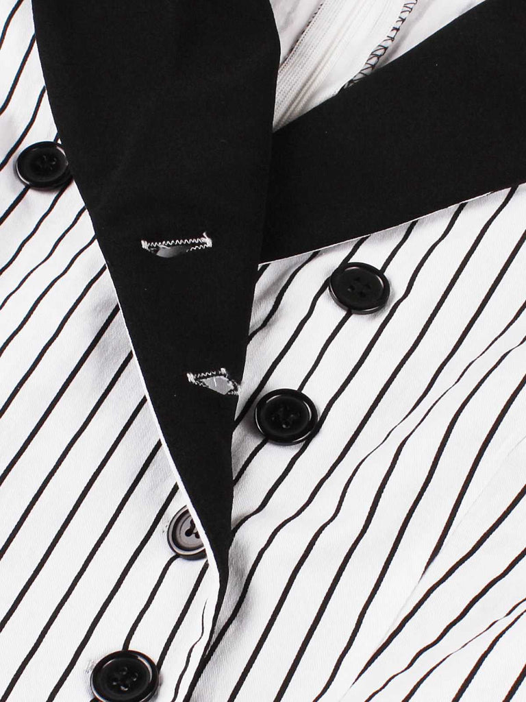 Schwarz 1950er Vertikal Streifen Patchwork Revers Kleid