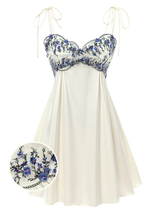 Beige 1940er Blumen Bestickt Spaghetti Träger Nachthemd