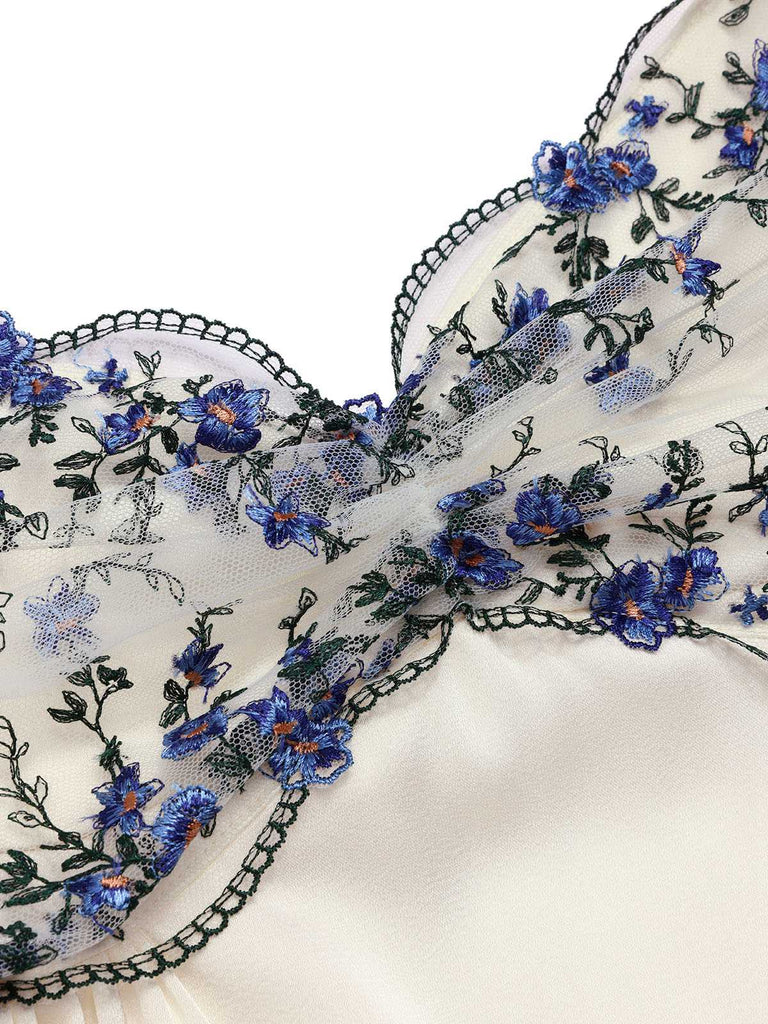 Beige 1940er Blumen Bestickt Spaghetti Träger Nachthemd