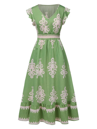 1970er V-Ausschnitt Stammesmuster Boho Kleid