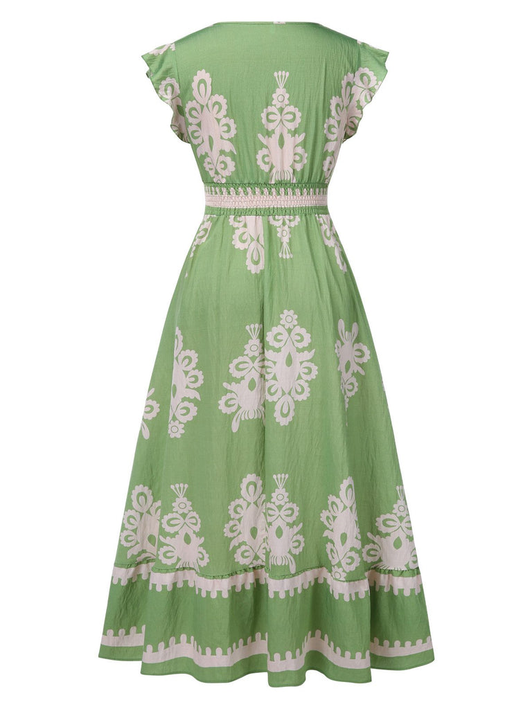 1970er V-Ausschnitt Stammesmuster Boho Kleid