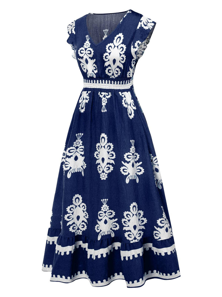 1970er V-Ausschnitt Stammesmuster Boho Kleid