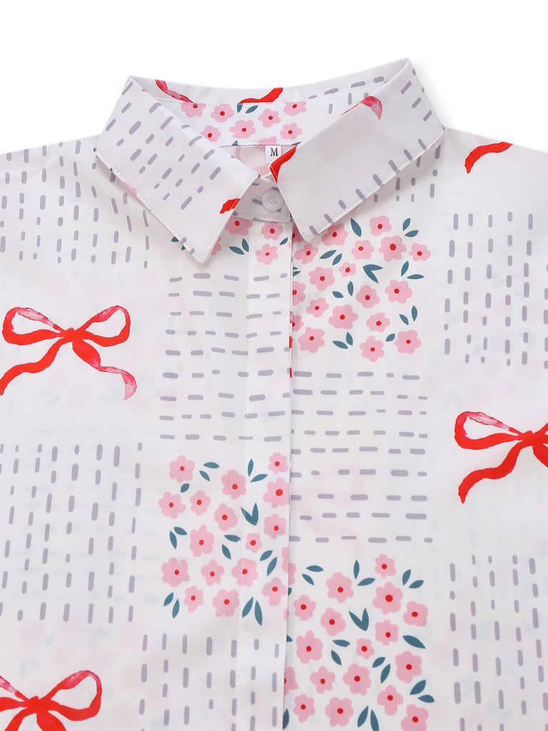 Rosa & Weiß 1950er Bogen & Blumen Gürtel Revers Romper