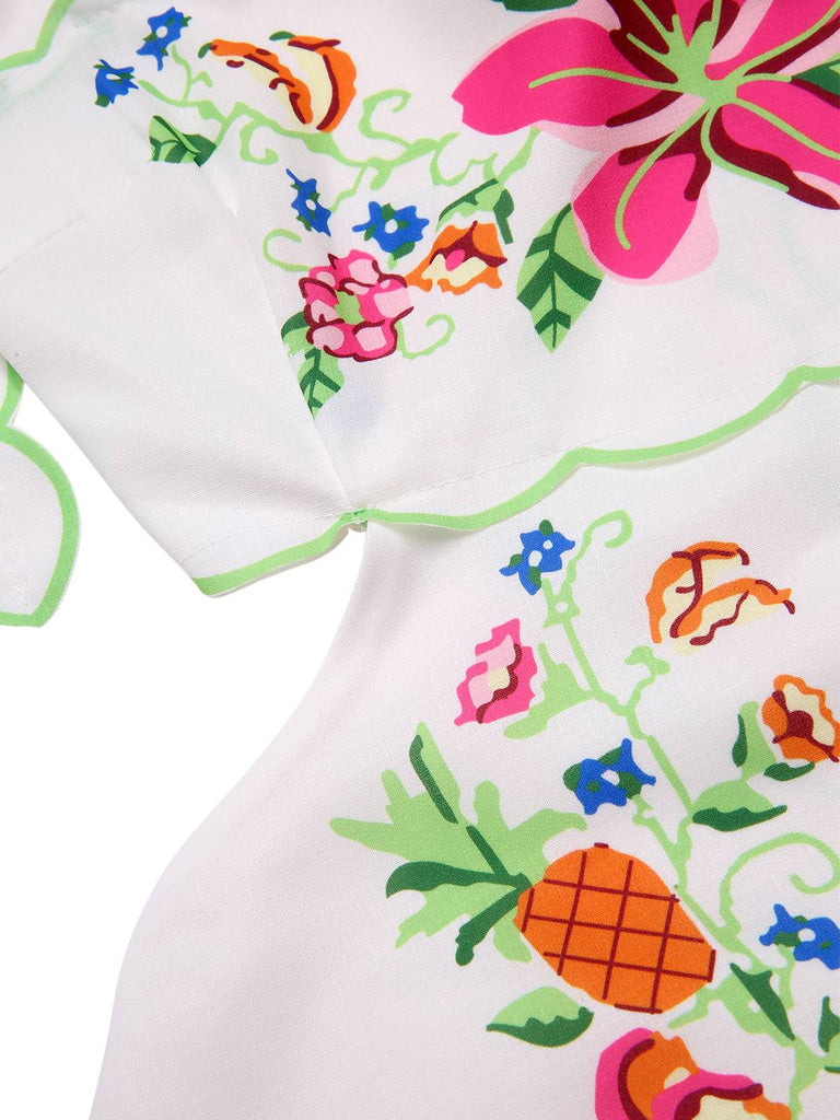 Weiß 1940er Blumen Drucken Zurückbinden Kleid