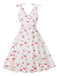 Weiß 1950er Kirsche Ärmellos V-Ausschnitt Kleid