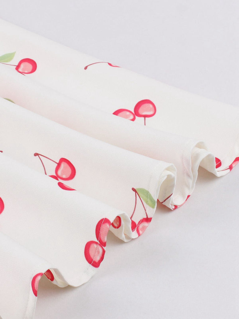 Weiß 1950er Kirsche Ärmellos V-Ausschnitt Kleid