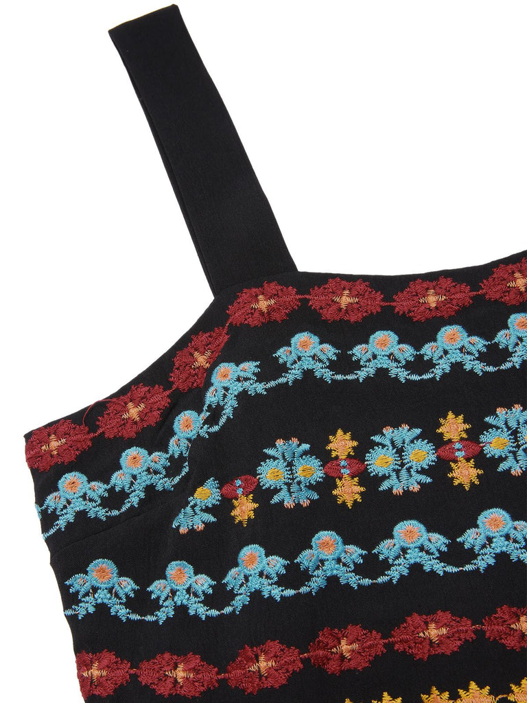 Schwarz 1940er Träger Bestickt Blumen Maxi Kleid