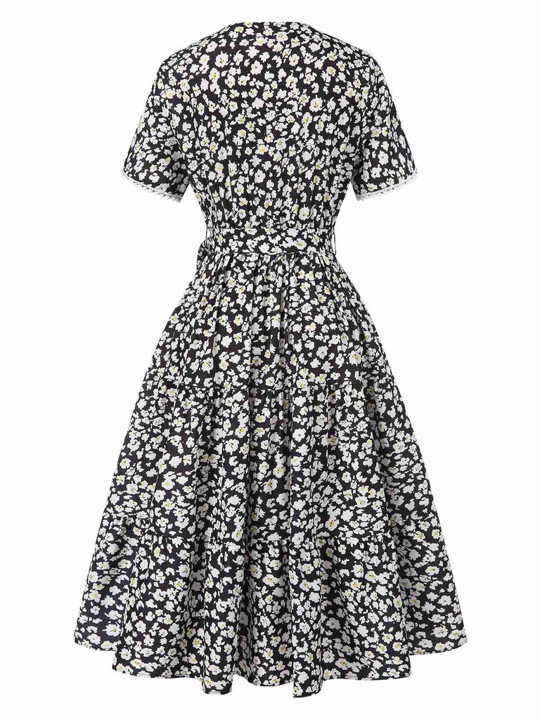 Schwarz 1950er Kleine Blumen V-Ausschnitt Schnürung Dress