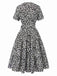 Schwarz 1950er Kleine Blumen V-Ausschnitt Schnürung Dress