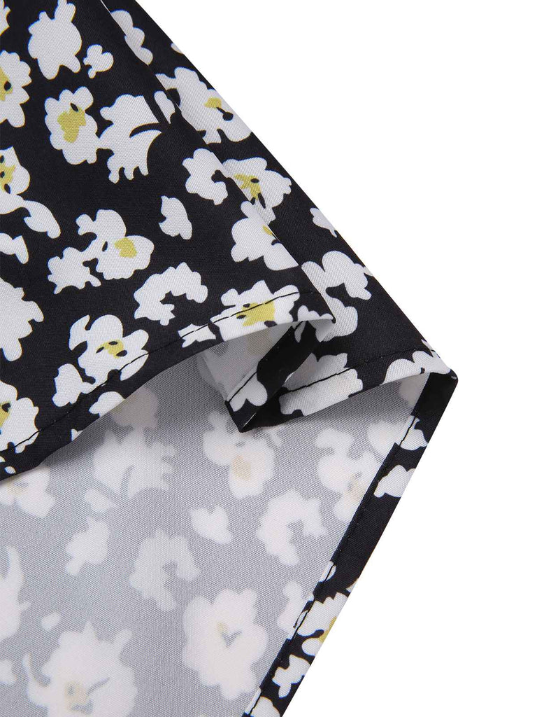 Schwarz 1950er Kleine Blumen V-Ausschnitt Schnürung Dress