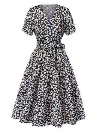 Schwarz 1950er Kleine Blumen V-Ausschnitt Schnürung Dress