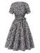 Schwarz 1950er Kleine Blumen V-Ausschnitt Schnürung Dress