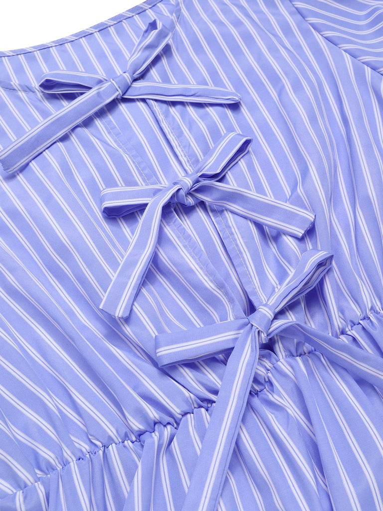 Hellblau 1950er Streifen Bogen Schnürung Kleid