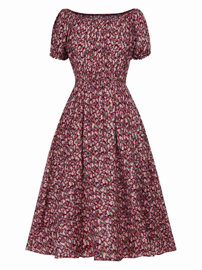 Rot 1940er Puffärmel Kleine Blumen Kleid