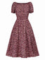 Rot 1940er Puffärmel Kleine Blumen Kleid
