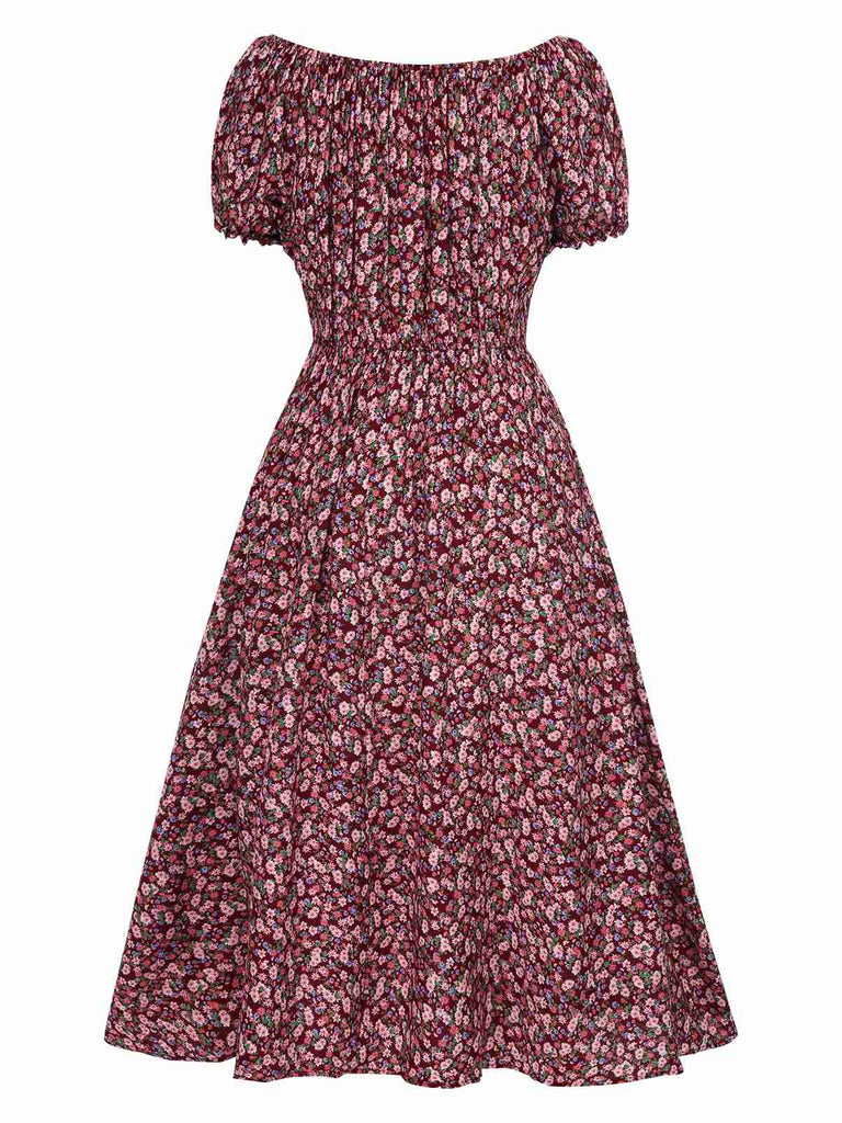 Rot 1940er Puffärmel Kleine Blumen Kleid