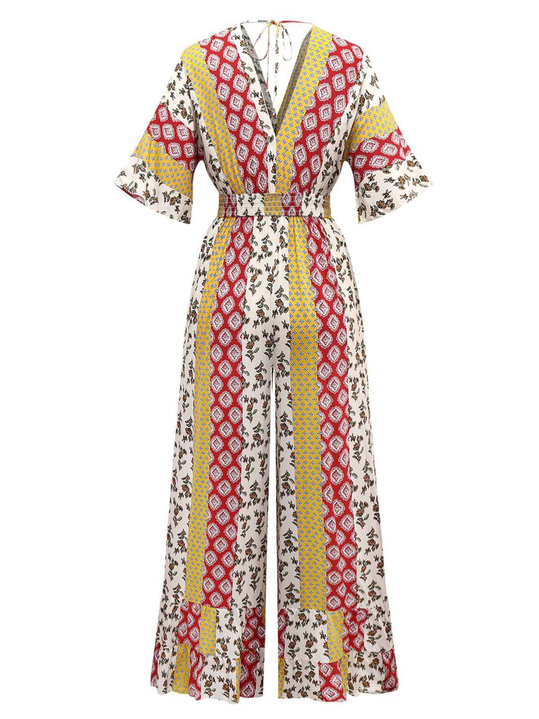 Gelb 1970er Bohemien Blumen Stammesmuster Jumpsuit