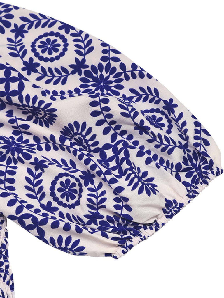 Blau 1930er Stammesdrucke Quadratischer Hals Romper