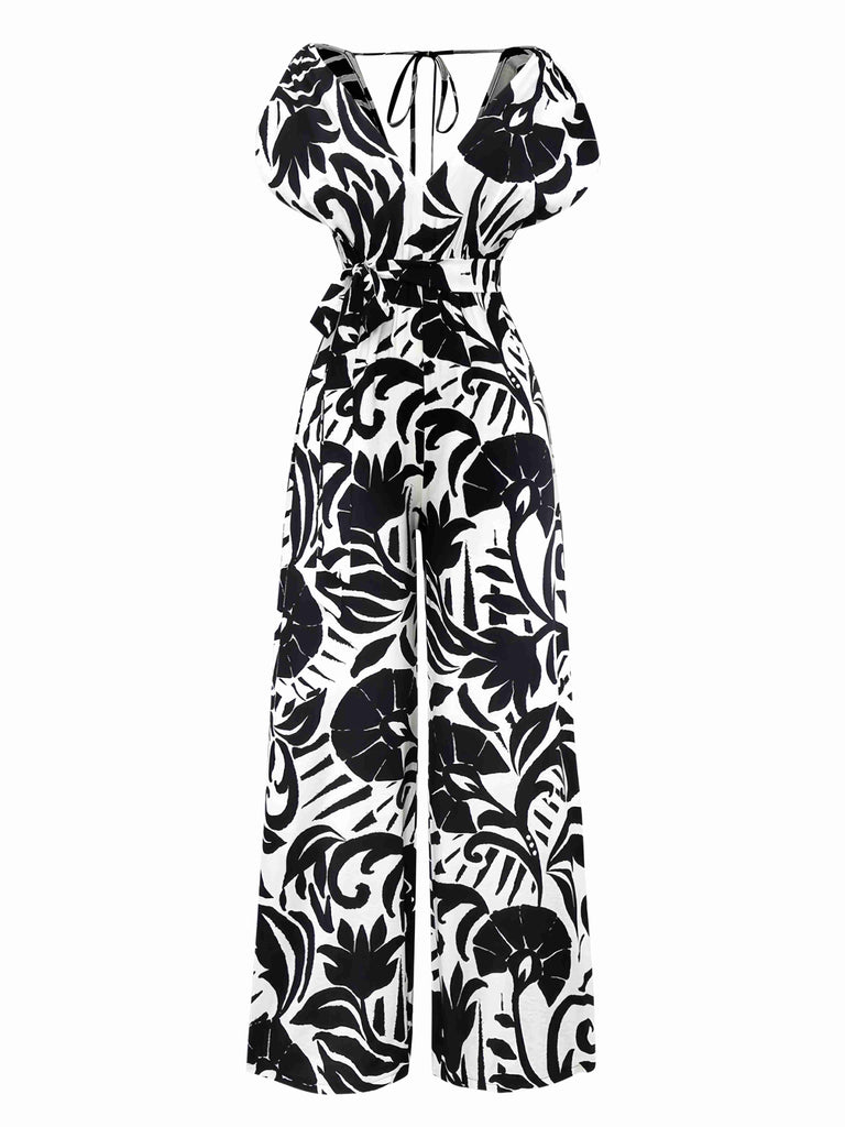 Schwarz 1940er Pflanzen Silhouette Fledermausärmel Jumpsuit