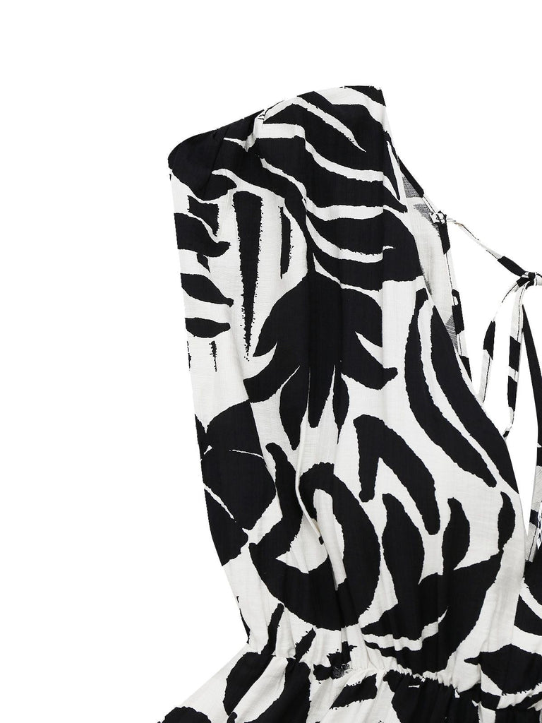 Schwarz 1940er Pflanzen Silhouette Fledermausärmel Jumpsuit