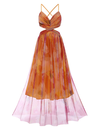 Multicolor 1970er Bohemien Zurück-Binden Blumen Netz Kleid