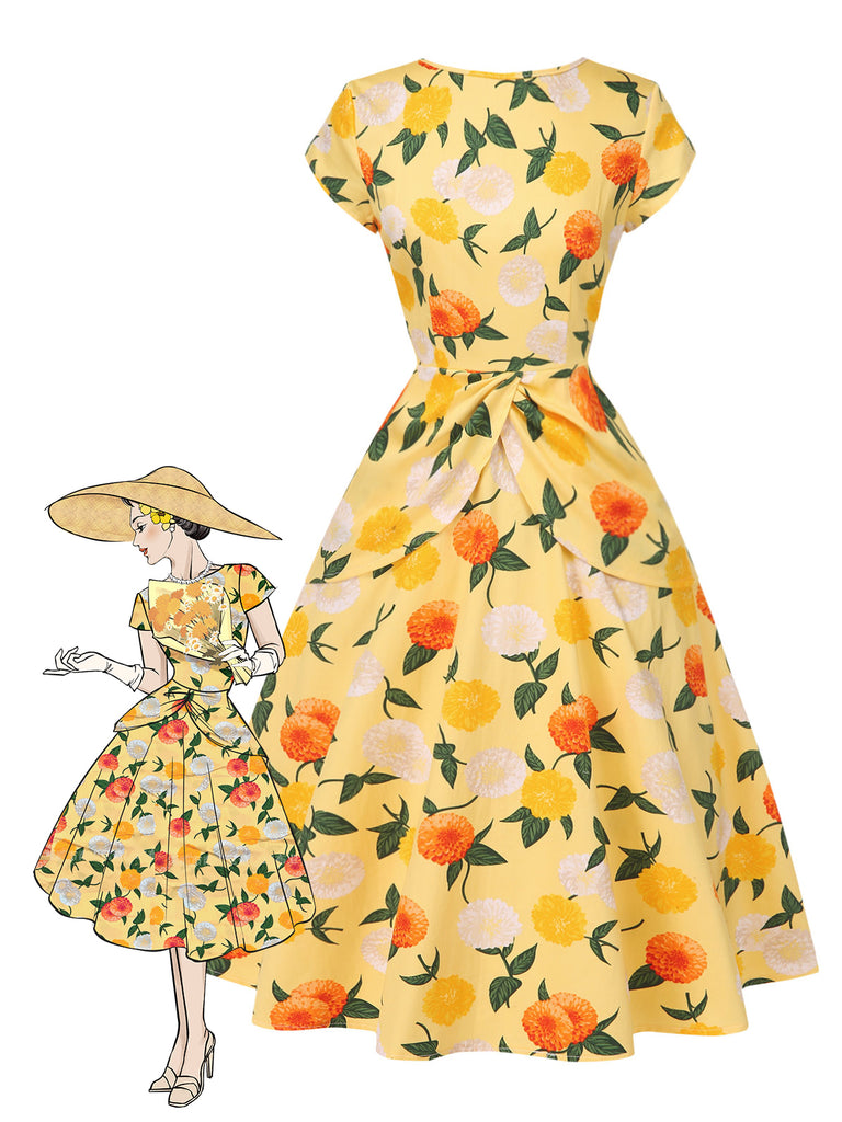 Gelb 1950er Hortensie Blumen Gerüschtes Kleid