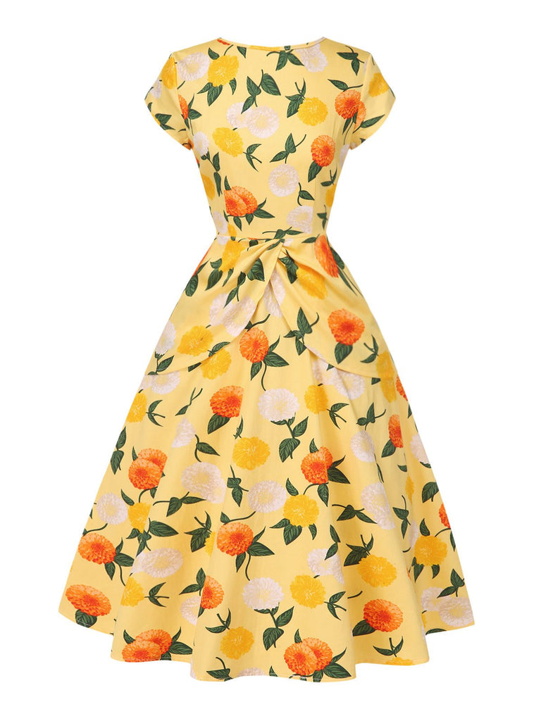Gelb 1950er Hortensie Blumen Gerüschtes Kleid