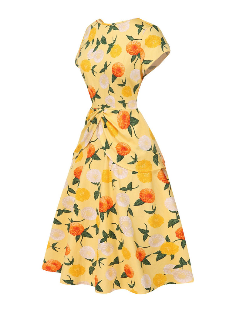 Gelb 1950er Hortensie Blumen Gerüschtes Kleid