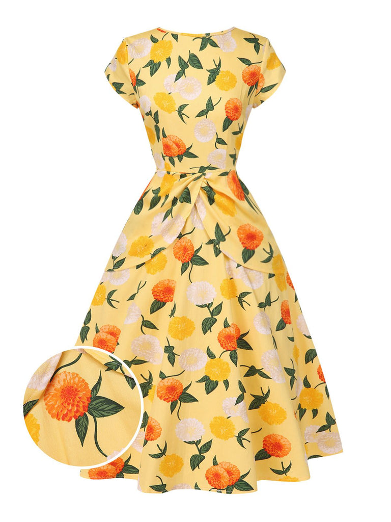 Gelb 1950er Hortensie Blumen Gerüschtes Kleid