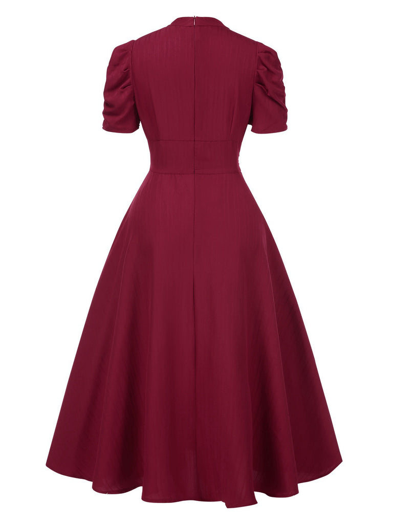 1950er Solide Empire-Taille V-Ausschnitt Puffärmel Kleid