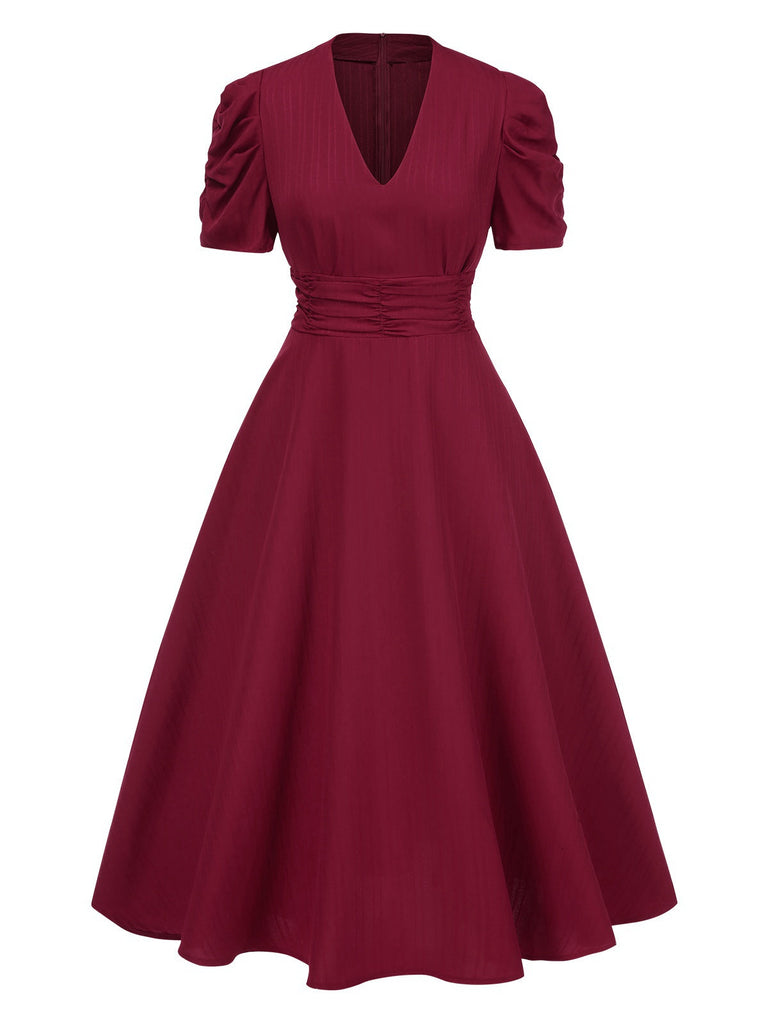 1950er Solide Empire-Taille V-Ausschnitt Puffärmel Kleid