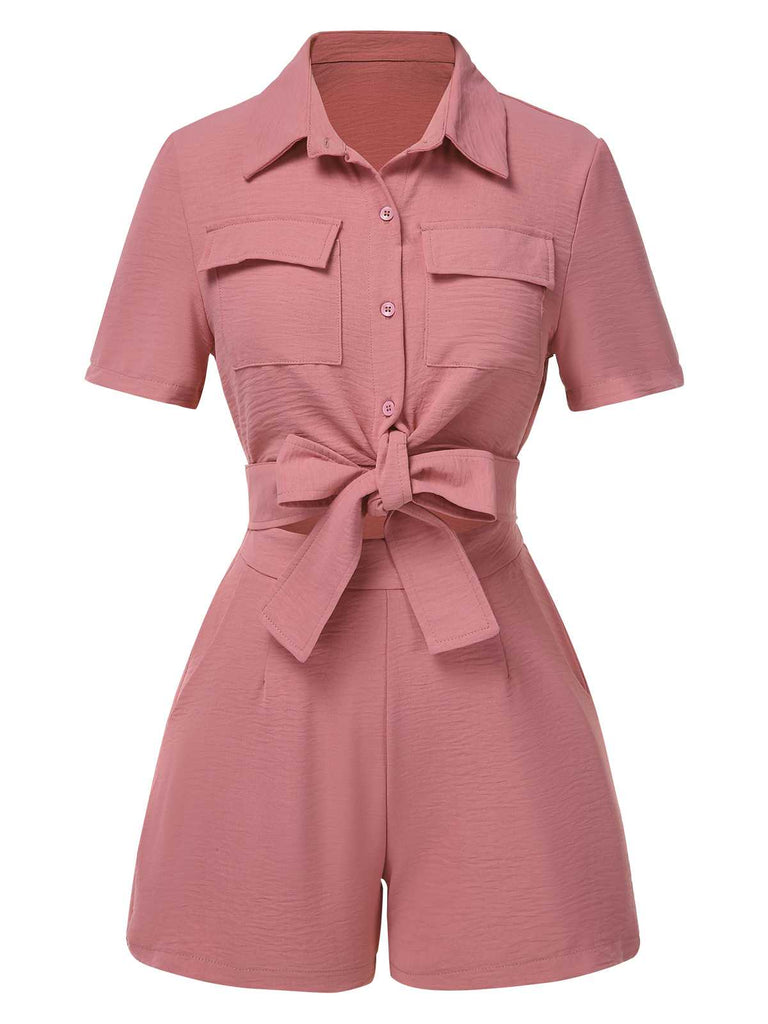 2PCS 1940er Solide Binden Top & Hohe-Taille Shorts